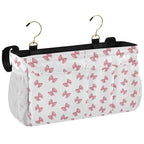 Bedside Caddy Hanging Storage Bag Pink Bows Print Bedside Organizer Caddy for Bunk, Dorm Room, Hospital Beds - Place Magazines / Remotes / Keys
