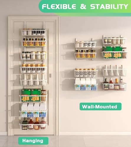 Mefirt White 12 Inch Wide Narrow Over The Door Pantry Organizer, Pantry Organization and Storage, 8-Tier Metal Hanging Deep Basket Wall Spice Rack Seasoning Shelves, Home & Kitchen Essentials - color: White, size: 8-Tier (12"W)