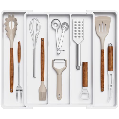 Lifewit Utensil Organizer for Kitchen Drawers, Expandable Cooking Utensil Tray, Adjustable Cutlery Silverware Flatware Holder, Plastic Spatula Tools Storage Divider, 11-18 x 14", White - color: White, size: Medium(11-18''W x 14''D)