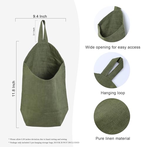 100% Linen Hanging Storage Bags Baskets 2 Pcs, Small Wall Storage Bag for Kitchen, Bedroom, RV Camper Organizer, Sewing Room, Nursery Storage, Kids Room, Army Green - color: Army Green