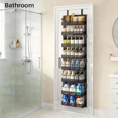 8 Tiers Over the Door Organizer - Height Adjustable Pantry Organizers and Storage with Dense Mesh Baskets, Anti-Swing Hanging Door Spice Rack for Kitchen Bathroom (Black, 12.3"W x 4.7"D x 69"H) - color: Black, size: 12.3"W x 4.7"D x 69"H