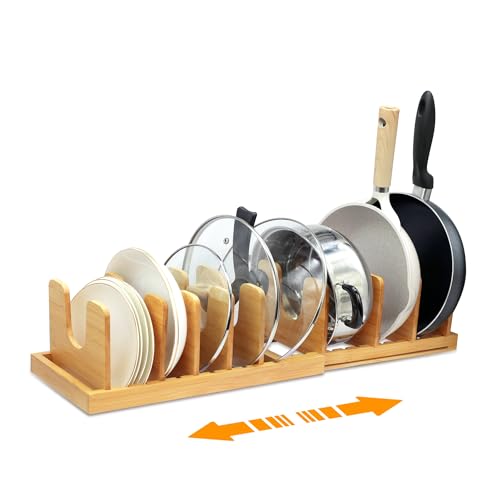 MinBoo Bamboo Expandable Pot Lid Organizer, Pot and Pan Organizer Drawer Organizer for Pot Lids, Adjustable 10 U-Shaped Dividers for Kitchen Cabinet Organizers and Storage (Bamboo-1)