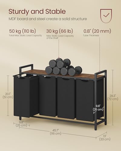 VASAGLE Laundry Hamper, Laundry Basket, Laundry Sorter with 4 Pull-Out and Removable Bags, Shelf, Metal Frame, 4 x 10.6 Gallons (40 L), 45.7 x 13 x 28.4 Inches, Ink Black and Rustic Brown UBLH401B01 - color: Black + Rustic Brown, size: 4 Bags - 160 L