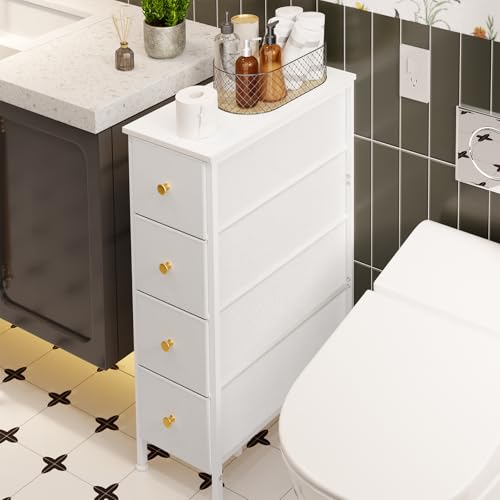 Fixwal Narrow Storage Cabinet, Narrow Nightstand Dresser with 4 Drawers, Slim Fabric Dresser Storage Tower for Small Spaces, White Dresser, for Bedroom, Bathroom, Laundry, Closet - color: White