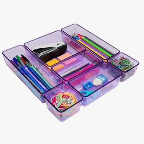 Acrimet Drawer Organizer Modular, Box Tray Storage Bins for Office, Home, Makeup, Kitchen, Junk Drawer (7 Units - 4 Sizes) (Clear Purple Plastic) - color: clear purple