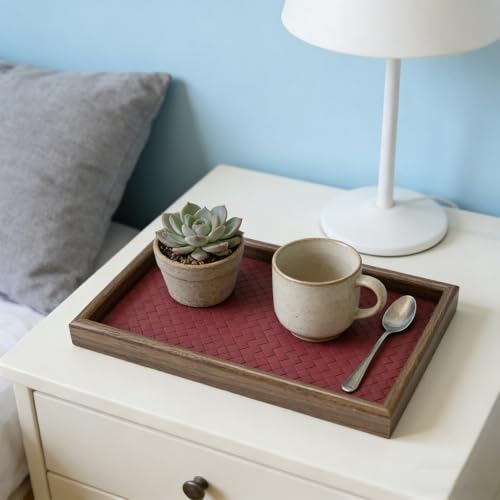 Wooden Valet Tray with Leather Base, EDC Catch All Tray Nightstand Entryway Table Vanity Organizer 11.8x7.9, Red - color: Red