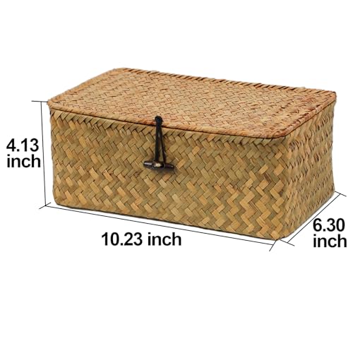 Wicker Basket with Lid, Natural Seagrass Storage Baskets for Organizing, Woven Basket for Storage, Decorative Boxes Bins with Lids Home Organizer Decor (‎Natural, Small) - size: 10.23" x 6.3" x 4.13"