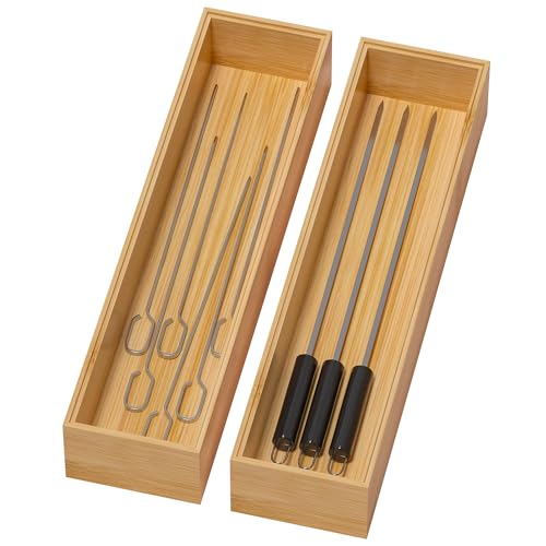 Lixple Bamboo Drawer Organizer, Narrow Stackable Cutlery Tray for Kitchen, 2 Pcs Silverware & Utensil Box, 12" x 3" x 2" (Outer), 11.3" x 2.3" x 1.77" (Inner) - color: Yellow, size: 12 x 3 x 2 Inch