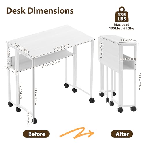 Folding Desk Small Rolling Desk with Storage Shelf,31.5 Inch Foldable Computer Table with Wheels,Portable Office Desk for Small Space Sofa Table,Easy to Fold,Writing Work Office Computer Desk,White - color: 31.5" White