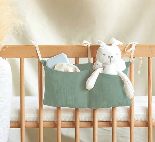 Cotton Baby Bedside Hanging Storage Bag,2 Pockets Organizer for Baby Cribs and Toys (Green) - color: Green