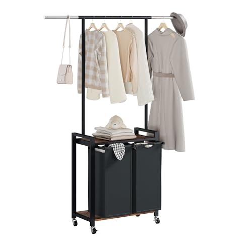 Garvee 2-Section Laundry Sorter with Shelf and Hanging Rack, Rolling Laundry Basket with Shelf and Wheels, Heavy Duty Laundry Hamper Rack for Laundry Room, Bedroom, Bathroom, Black