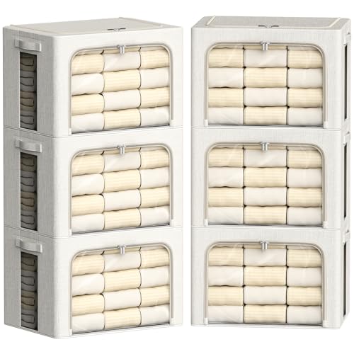 FHSQX 6 Pack Clothes Storage Bins with Metal Frame 100L Foldable Storage Bins for Clothes Linen Fabric Storage Box with Clear Window (Lvory White, 23.6x16.5x15.7inch(100L)) - color: Lvory White, size: 23.6x16.5x15.7inch(100L)