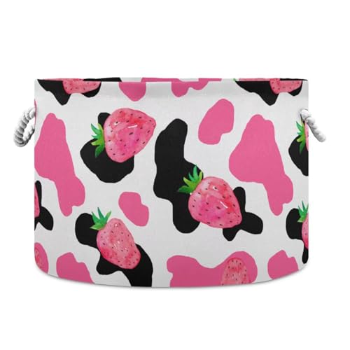 Pink Strawberry Cow Spotted Print Round Storage Basket Large Laundry Hamper 20 x 20 x 14 Inches Organizer Bin with Cotton Rope Handles Clothes Storage Bag for Nursery Bedroom Living Room Decor - color: Pink and Black