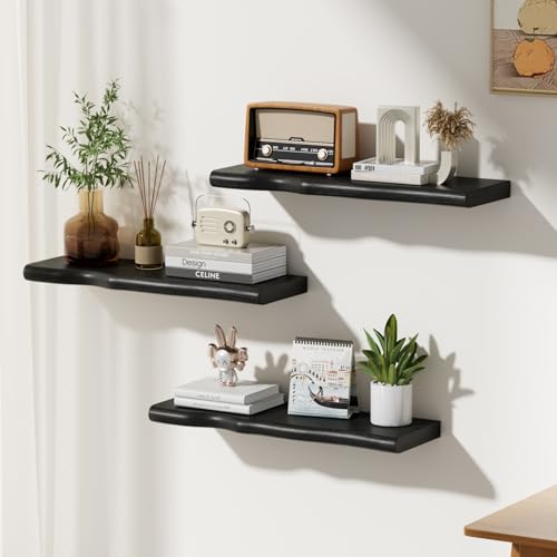 Floating Shelves for Wall Rustic Farmhouse 24 Inch Floating Shelf Bathroom Wooden Shelves for Wall Mounted Live Edge Pine Shelf with Unique Natural Grain for Living Room Bedroom Kitchen (Black) - color: Black, size: 24 inch - 2pcs