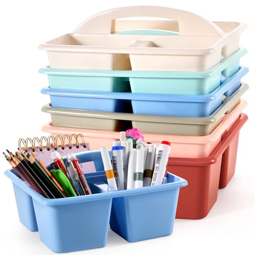 6 Pack Classroom Caddy with Handle Plastic Storage Caddy Organizer with 3 Compartments Desk Caddies Holder Portable Storage Bin for Pencil, Crayon, Marker, Home, Office, School Supply(Morandi Colors) - color: Morandi