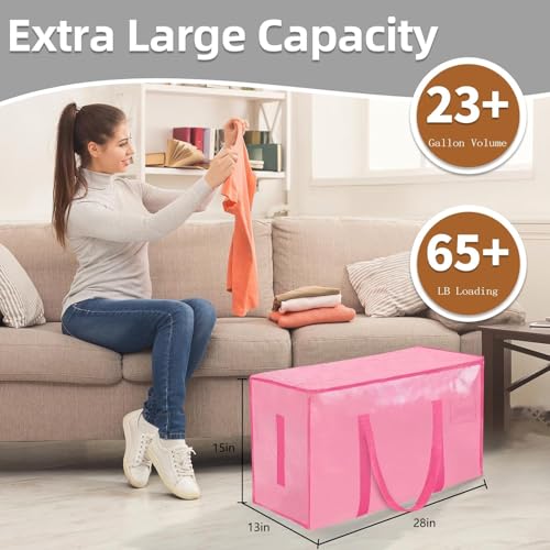 6 Pack-Extra Large Heavy Duty Moving Bags - Waterproof Storage Totes with Handles & Zippers, Foldable for College Dorm, Storage (Pink) - color: Pink, size: 6