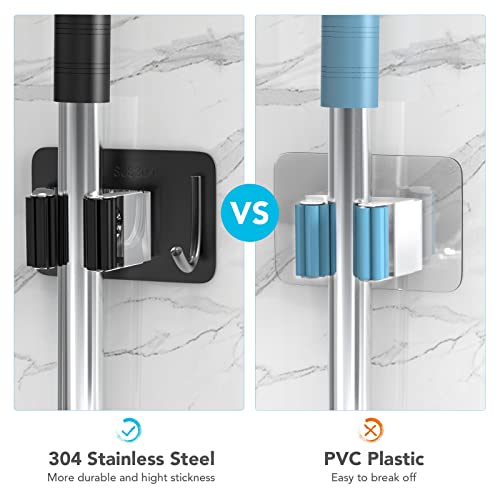 homeasy Mop Broom Holder No Drill, Mop Broom Organizer Wall Mounted Heavy Duty with Hooks Hanger, Self Adhesive Stainless Steel 4Pcs for Bathroom, Kitchen, Office (Multicolor) - color: Black Mix