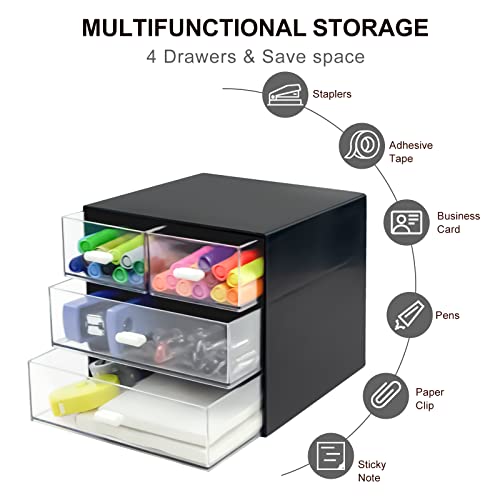 Desk Organizer with Drawer, Desk Storage Box, Plastic Office Stationery Supplies Organizers, Desktop Organizer for Office School Home (4 drawer, Black) - color: Black, style: 4 drawer