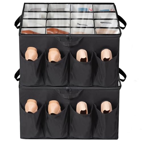 Shoe Organizer for Closet, Shoe Storage Solution with Clear Cover & Adjustable Dividers, Fabric Shoe Box Fits 16 +8 Pairs Shoes, Black, 2-Pack - color: Black, size: 2 Pack Medium