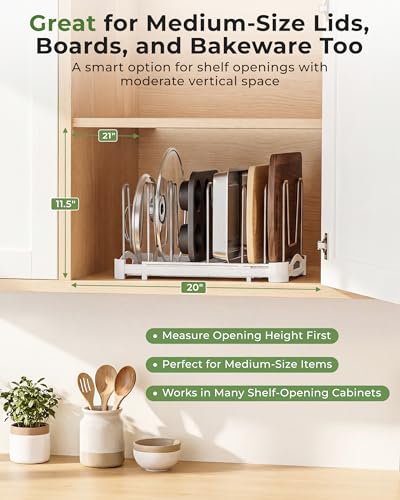 EVERIE Adjustable Bakeware Organizer Pot Lid Holder Rack for Pots, Cake Molds, Cutting Boards, Mats, Cookware, GS02SS, 7.7'' Deep by 12.6'' to 21.5'' Wide