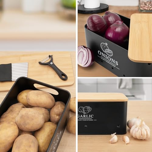 Kitchen Vegetable Storage Set of 3, Metal Onion Garlic Potato Storage Set, Kitchen Canisters Vegetable Keeper Containers with Aerating Holes and Wooden Lid (Black) - color: Black