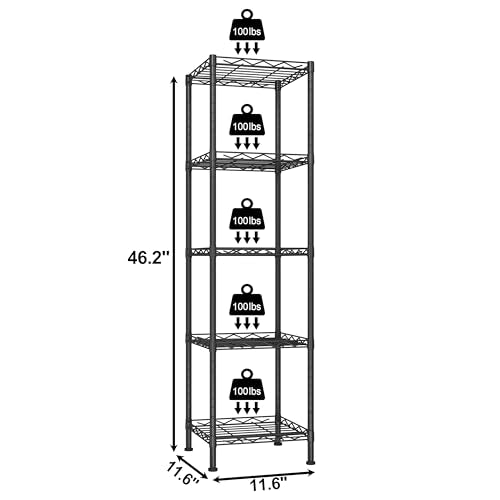 HOMEFORT Storage Shelves, 5-Wire Shelving, Metal Shelving Unit Adjustable Storage Shelves Rack for Kitchen, Pantry, Bathroom, Black, 11.6" W x 11.6" D x 46" H - color: Black, size: 12"W x 12"D x 46"H