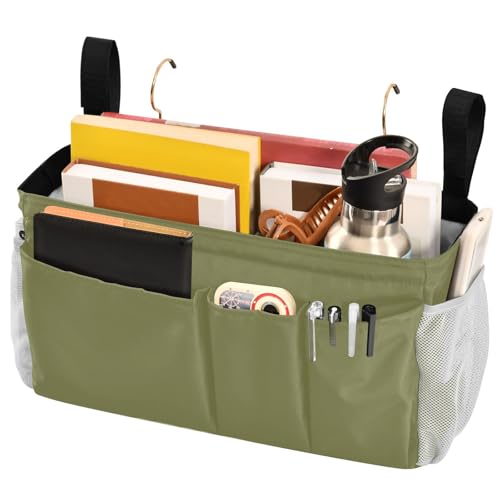 Olive Color Bedside Caddy Storage Bag Bedside Organizer for Dorm Room Top Bunk Bed Bedside Shelf Hanging Organizer 6 Pockets with Hooks for Glasses Book Tablet Holder - color: Olive Color