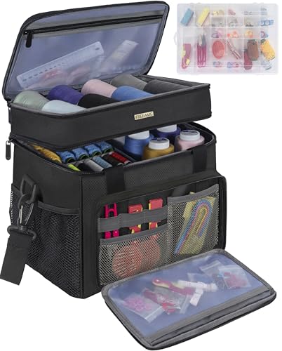 Sewing Storage Bag with Removable Tray Large Capacity Sewing Aaccessories Organizer Travel Sewing Case with Shoulder Strap Double-Layer Sewing Organizer Bag Black (Bag Only) - color: Black