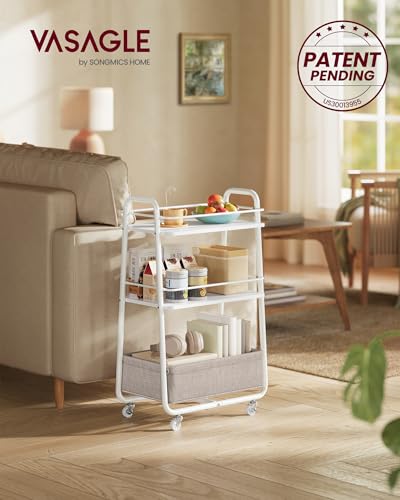 VASAGLE LILEA Collection - Storage Cart with Fabric Basket, 3-Tier Rolling Utility Cart with Wheels and Shelves, for Living Room Bedroom Kitchen, Cloud White and Camel Brown ULRC001WB01 - color: Cloud White + Camel Brown, style: 16.9"D x 11.8"W x 31.9"H