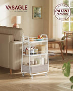 VASAGLE LILEA Collection - Storage Cart with Fabric Basket, 3-Tier Rolling Utility Cart with Wheels and Shelves, for Living Room Bedroom Kitchen, Cloud White and Camel Brown ULRC001WB01 - color: Cloud White + Camel Brown, style: 16.9"D x 11.8"W x 31.9"H