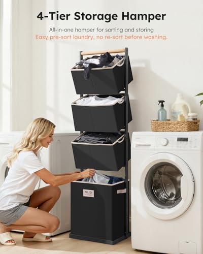SOLEDI 4 Section Laundry Hamper Sorter, Stackable Laundry Basket Organizer with Removable Basket, 125L 4-Tier Vertical Laundry Sorter for Small Space, Laundry Room, Dorm, Bathroom, Wardrobe Black - color: Black