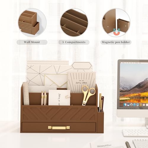 WISUCART Bamboo Desk Organizer Mail Holder Countertop Wood Desk Drawer Tabletop Storage Box Pen Holder Letter Sorter Makeup Organizer for School Home Office Supplies with Pen Holder Brown - color: Brown with Pen Holder