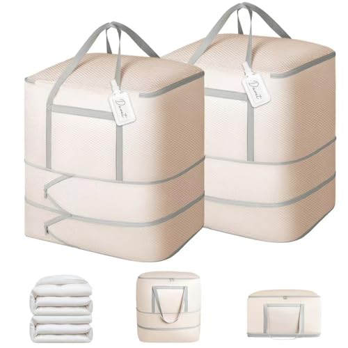 DIMJ Comforter Storage Bag - 120L Large Blanket Storage Compression Bags with Handles, Washable Clothes Storage Totes for Moving Closet, Space Saving Organizer for Bedding Comforter Blanket - color: Beige, size: 120L x 2 Pack