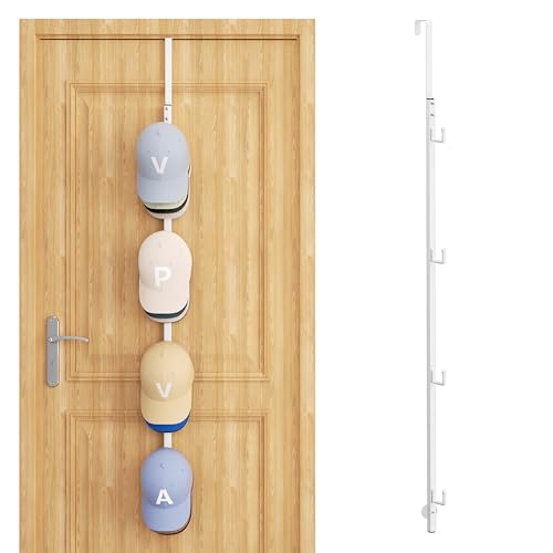 SWTYMIKI Over Door Hat Rack -1 Packs Metal Hanging Hat Organizer with 4 Hooks Design, Baseball Cap Hanger Organizer Storage Holds up to 20 Caps for Door, Bedroom, Closet - color: White, size: 1 Pack