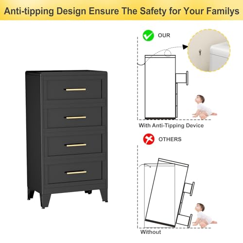 4 Drawers Dresser for Bedroom, 44.45" H Metal Dressers & Chests of Drawers Curved Corner Design, Storage Organizer Drawer Chest with Large Capacity for Living Room, Entryway, Hallway, Black - color: Black, style: Narrow Style/4 Drawers