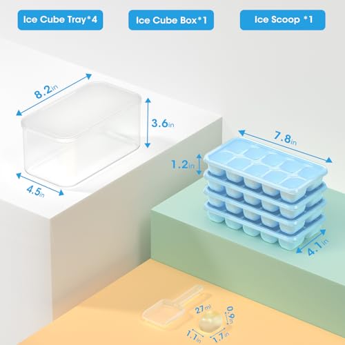 DOQAUS Ice Cube Tray with Lid and Bin - 4 Pack Silicone Ice Cube Trays for Freezer, Stackable Ice Bucket Kits with Storage Container & Scoop for Kitchen, RV, Cocktail, Coffee - color: Lake Blue