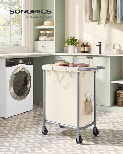 SONGMICS Laundry Basket with Wheels, 2-Section Rolling Laundry Hamper, 37 Gallons (140 L), Removable Liner, Steel Frame with Handle, 27.2 x 15.4 x 31.9 Inches, Cream White URLS004W01 - color: Cream White, size: 140 L (2-Section), style: Rectangular with h