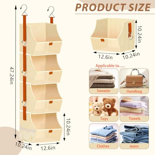 Fabric 4 Tier Hanging Closet Organizer Heavy Duty Beige Shelf Hanging Storage Towel Clothes Sweater Jeans Bag Organizer For Closet For Bedroom, Dorm, RV, See Through Front Panel, Space-Saving