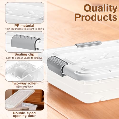 4 PCS*49 Qt Wheeled Latching Under Bed Storage, Double Opening Lids Stackable Bin with Latch Lid, Plastic Container to Organize Shoes Underbed, Clear with White Lid(White) - size: 37Quart*4PC