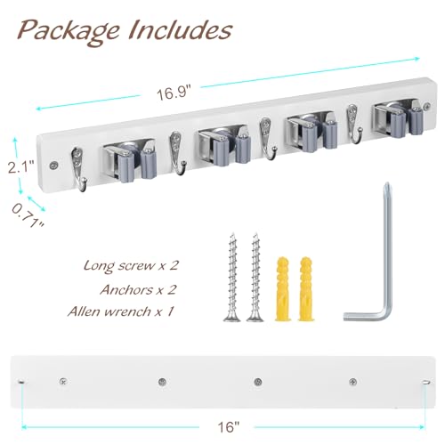OUTNILI White Mop Broom Holder Wall Mount with 4 Slots & 4 Hooks - Wood Broom Mop Hanger for Pantry Closet Laundry Room Organization - Heavy Duty Garden Tool Organizer - White Kitchen Decor - color: White-4 Grips, size: 1 Pack