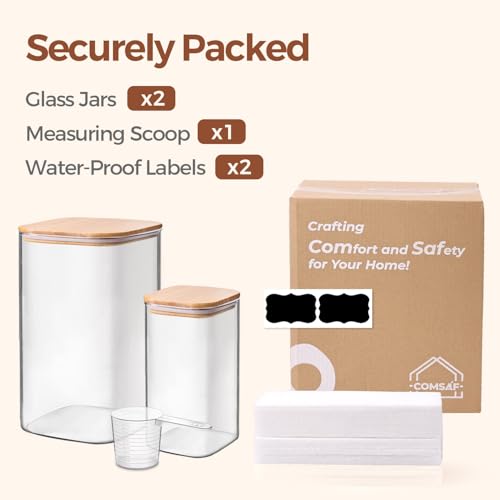 ComSaf Glass Pantry Storage Containers, 4.6Qt/1.6Qt Large Square Flour and Sugar Containers with Airtight Lids, 1.2 Gallon Glass Jars with Bamboo Lids for Rice, Pasta, Cookies, Coffee Beans - color: 4.6Qt/1.6Qt-Square