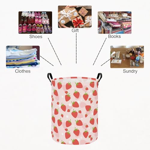 Collapsible Fabric Storage Basket, Waterproof Laundry Hamper with Handles, Round Storage Bin for Clothes Toys, Foldable Organizer for Bedroom Nursery Bathroom(Round-Pink Strawberry) - color: Round-Pink Strawberry