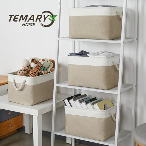 Temary Fabric Storage Baskets 4Pack Storage Bins Decorative Basket for Gift, Clothes Bin with Rope Handle, Rectangle Baskets for Storage, Blankets(White&Khaki,15x11x9.5 inch) - color: white&khaki, size: 15"L x 11"W x 9.5"H