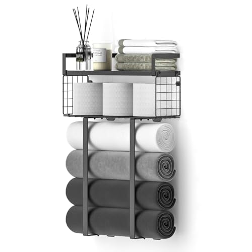 Xstydes Towel Racks for Bathroom, Metal Towel Holder with Storage Basket,Wall Towel Rack for Rolled Towels, Towel Storage for Small Bathroom,Black - color: Black, size: Large