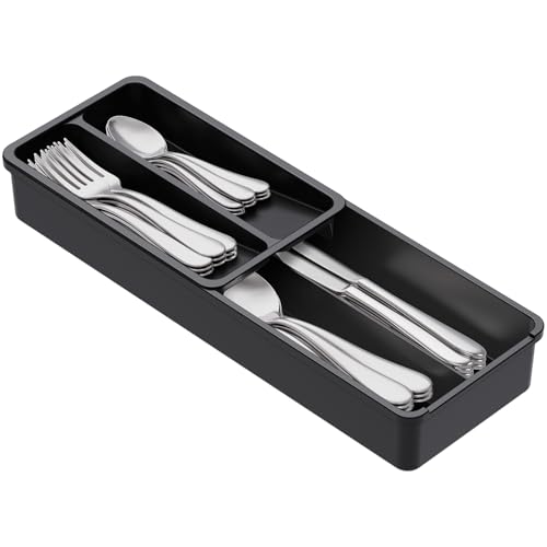Lifewit Compact Silverware Organizer for Kitchen Drawer, Narrow Flatware Tray Holder, Plastic Cutlery Spoons, Forks and Knives Storage, Black, 1 Pack - color: Black