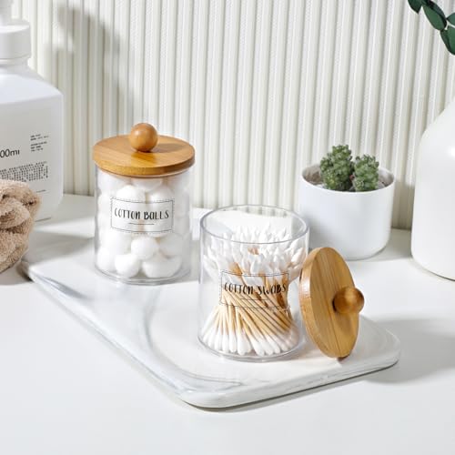 2 Pack Qtip Holder Dispenser with Bamboo Lids - 10 oz Clear Plastic Apothecary Jar Containers for Vanity Makeup Organizer Storage - Bathroom Accessories Set for Cotton Swab, Ball, Pads, Floss - size: 2 Pack of 10 oz