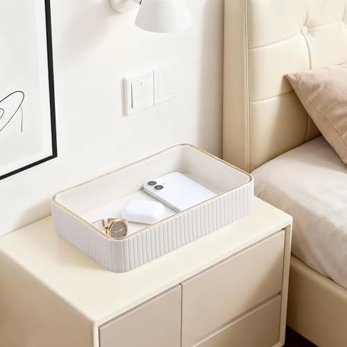 Desk Organizer Tray, PU Leather Nightstand Organizer Perfume Valet Tray for Men Women, Decorative Vanity Trays Trinket Dish Key Bowl for Entryway Table (Ivory, Medium) - color: Ivory, size: 10.2" x 6.7" x 2.2"