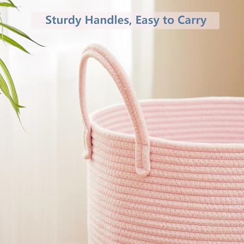 Large Pink Laundry Basket 15x20 Inches, 60L Woven Rope Hamper for Baby Girls and Kids, Tall Nursery Storage Bin, Kawaii Bedroom Laundry Hamper - color: Pink1, size: Large (60L)