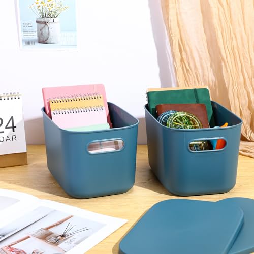 Hoolerry 8 Pieces Colorful Storage Bins with Lid, Plastic Storage Basket Organizing Container Stackable Box with Handle for Shelves Desktop Playroom Office(10.2 x 7 x 6.3 Inch,Blue) - color: Blue, size: 10.2 x 7 x 6.3 Inch