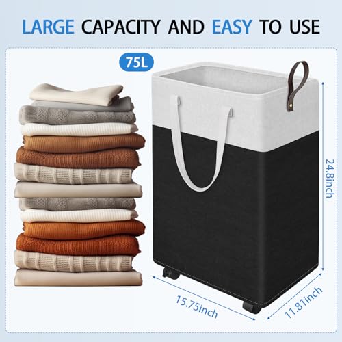 HomeHacks 75L Rolling Laundry Basket with Wheels, Collapsible & Waterproof Laundry Hamper, Mobile Clothes Hamper, Storage Laundry Bins with Handles for Laundry Room, Bedroom, Bathroom & Dorm, Black - color: Black, size: 75L